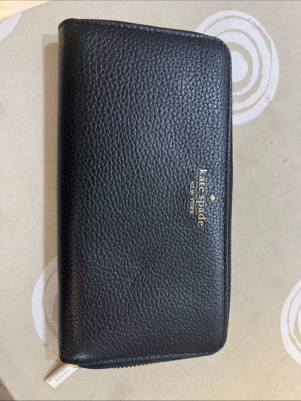 kate spade Black Pebbled Leather Zip Around Wallet with Gold Logo